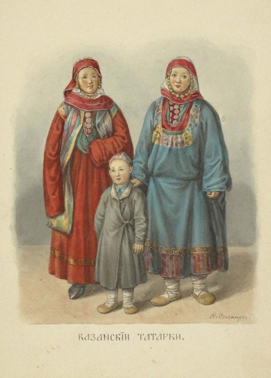 Kazan Tatar Kadınları, Rus Devletinin Giysileri serisinden illüstrasyon, 1869 by Fyodor Grigoryevich Solntsev