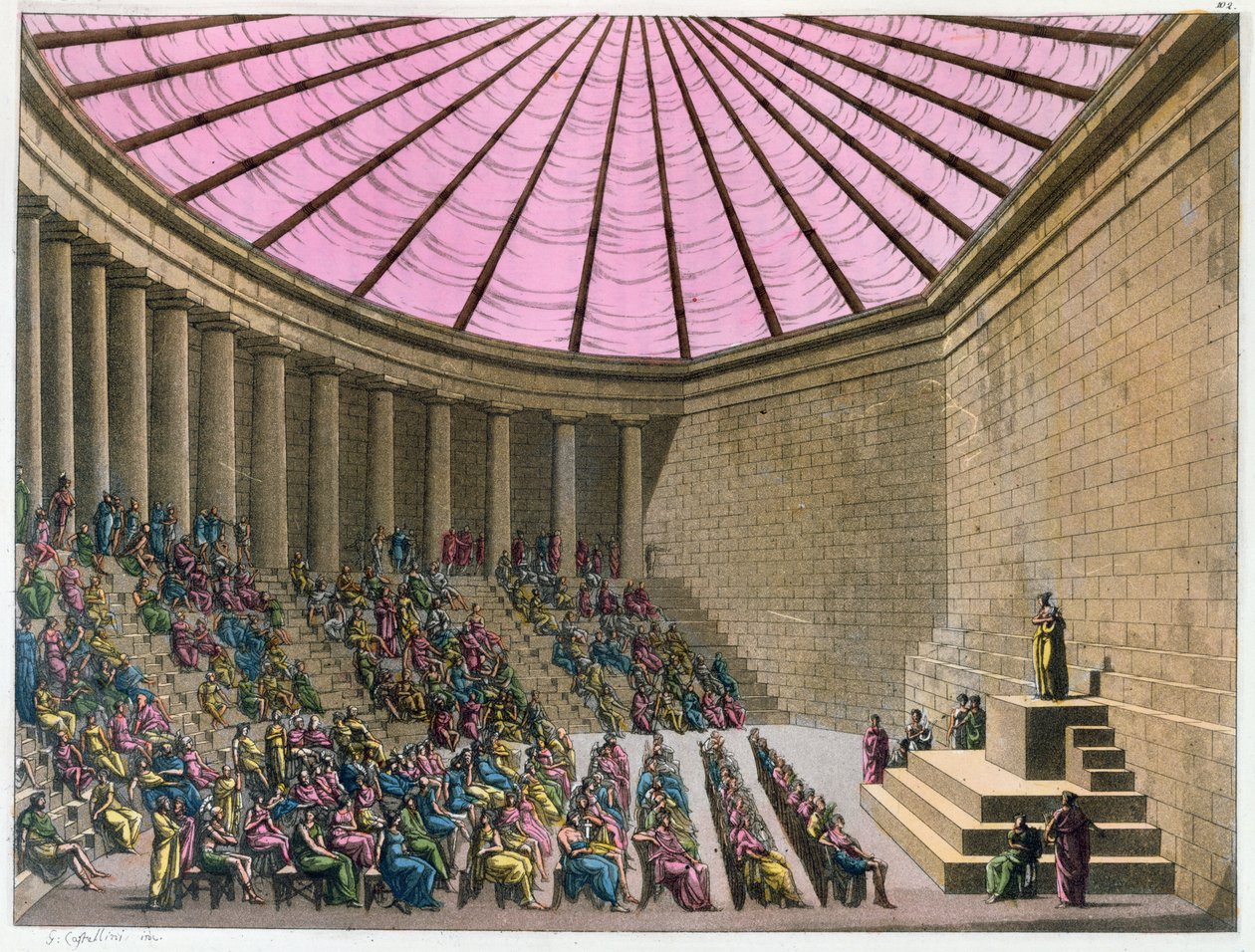 Perikles zamanında Odeon, Giulio Ferrario tarafından 'Il Costumo Antico e Moderno'dan bir çizim, Milano, 1815-1834 (el boyaması gravür) by G. Castellini
