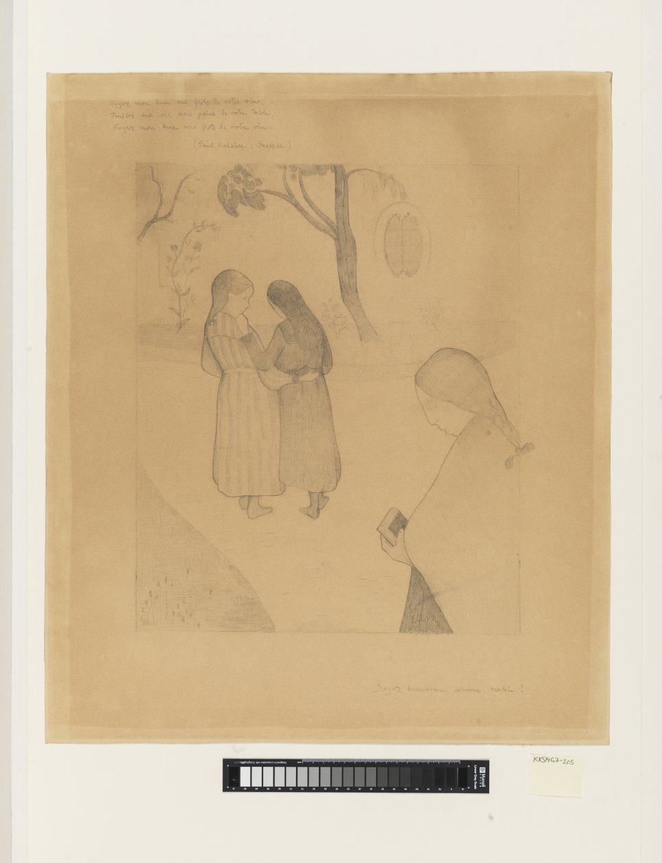 Üç genç kız bir yolda, önlerinde bir kitapla by G.F. Clement