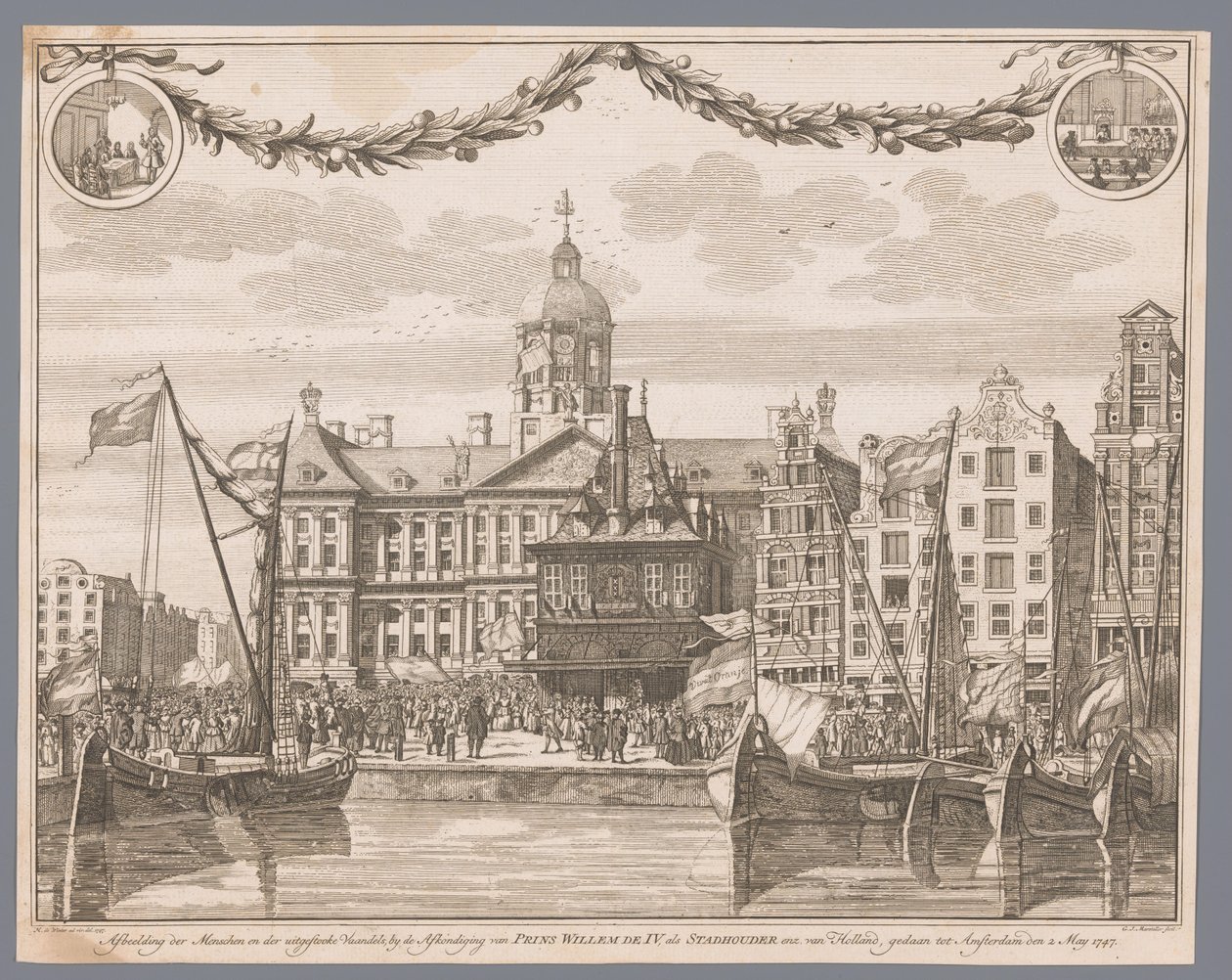 Amsterdam'daki Dam Meydanı'ndaki kalabalık, IV. William'ın stadtholder ilanını kutluyor 2 Mayıs 1747'de Amsterdam'a kadar yapılan, IV. Prens William'ın Hollanda'nın stadtholder vb. by G.J. Marstaller