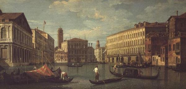 Palazzo Mocenigo, Palazzo Balbi, Santa Maria Gloriosa dei Frari ve Campo S.Toma ile Büyük Kanal, Venedik by G. (Follower of A. Canaletto) Canaletto