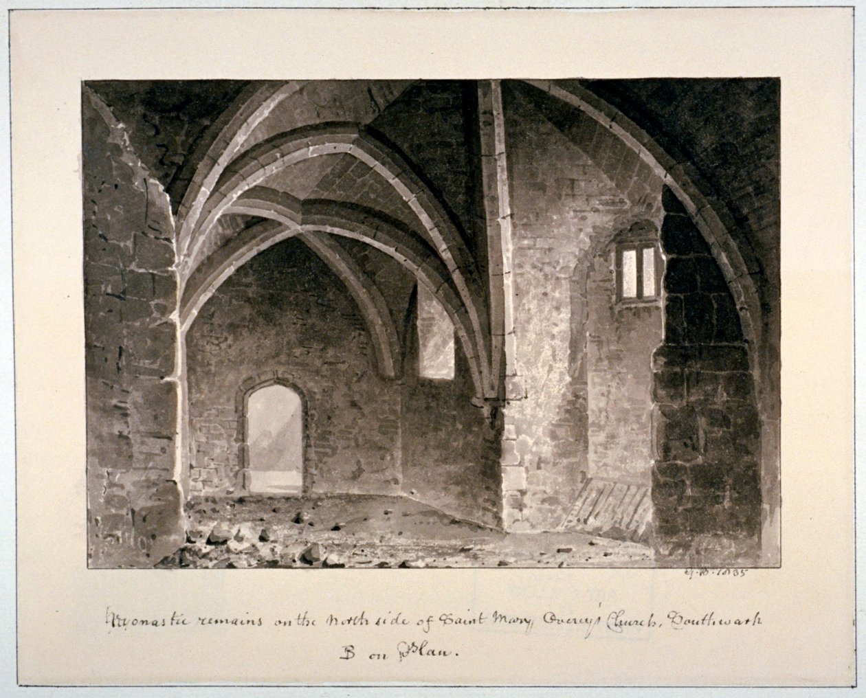 St Mary Overy kilisesinin kuzey tarafında manastır kalıntıları, Southwark, Londra, 1835. by G Buckler