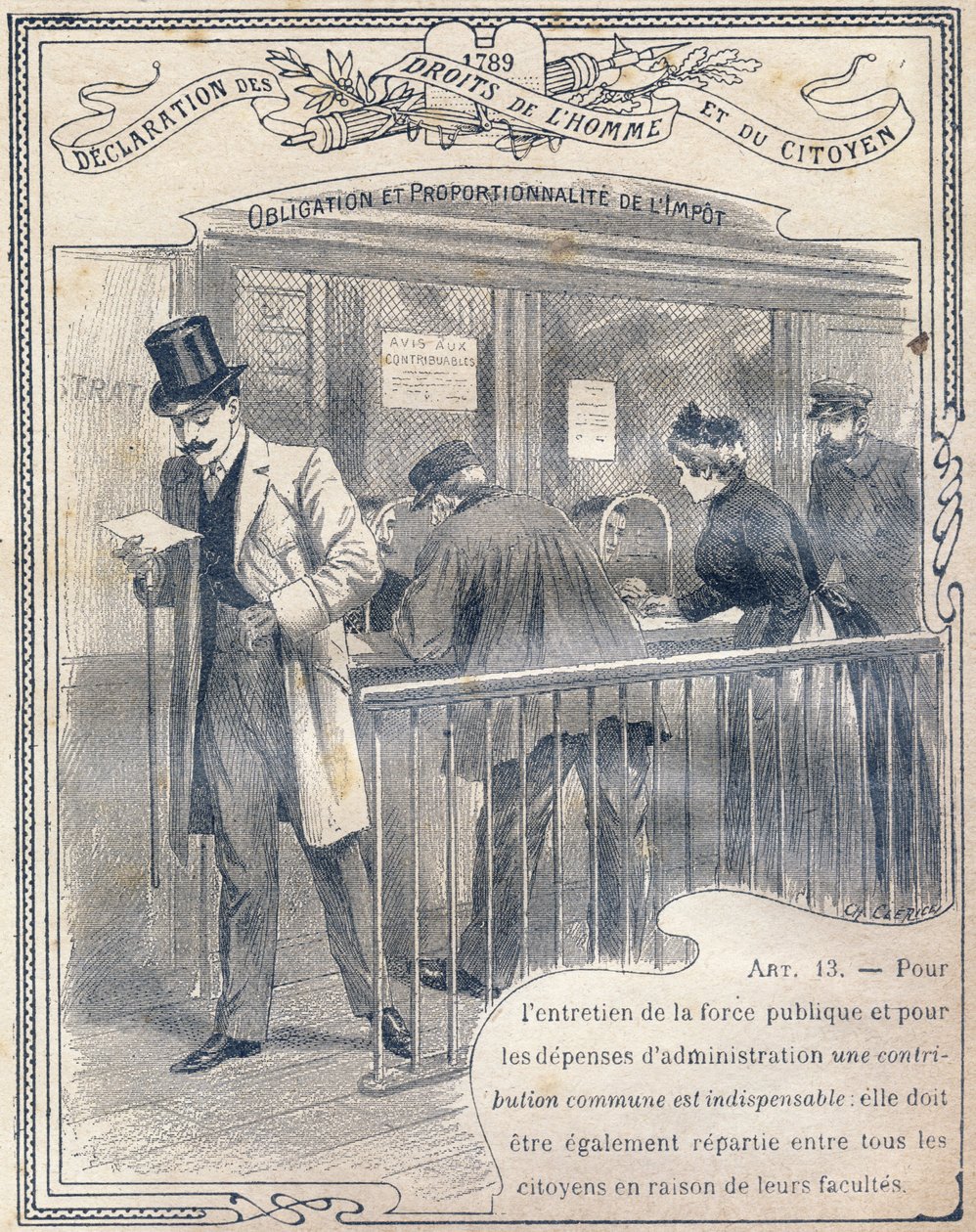1789: İnsan ve Yurttaş Hakları Bildirgesi: Verginin Yükümlülüğü ve Orantılılığı. İlkokulun üç dersinin ve ilkokulun ilk sınıflarının öğrencilerine yönelik "Etik ve yurttaşlık eğitiminin eşsiz kitabı" ndaki gravür by G. Dascher