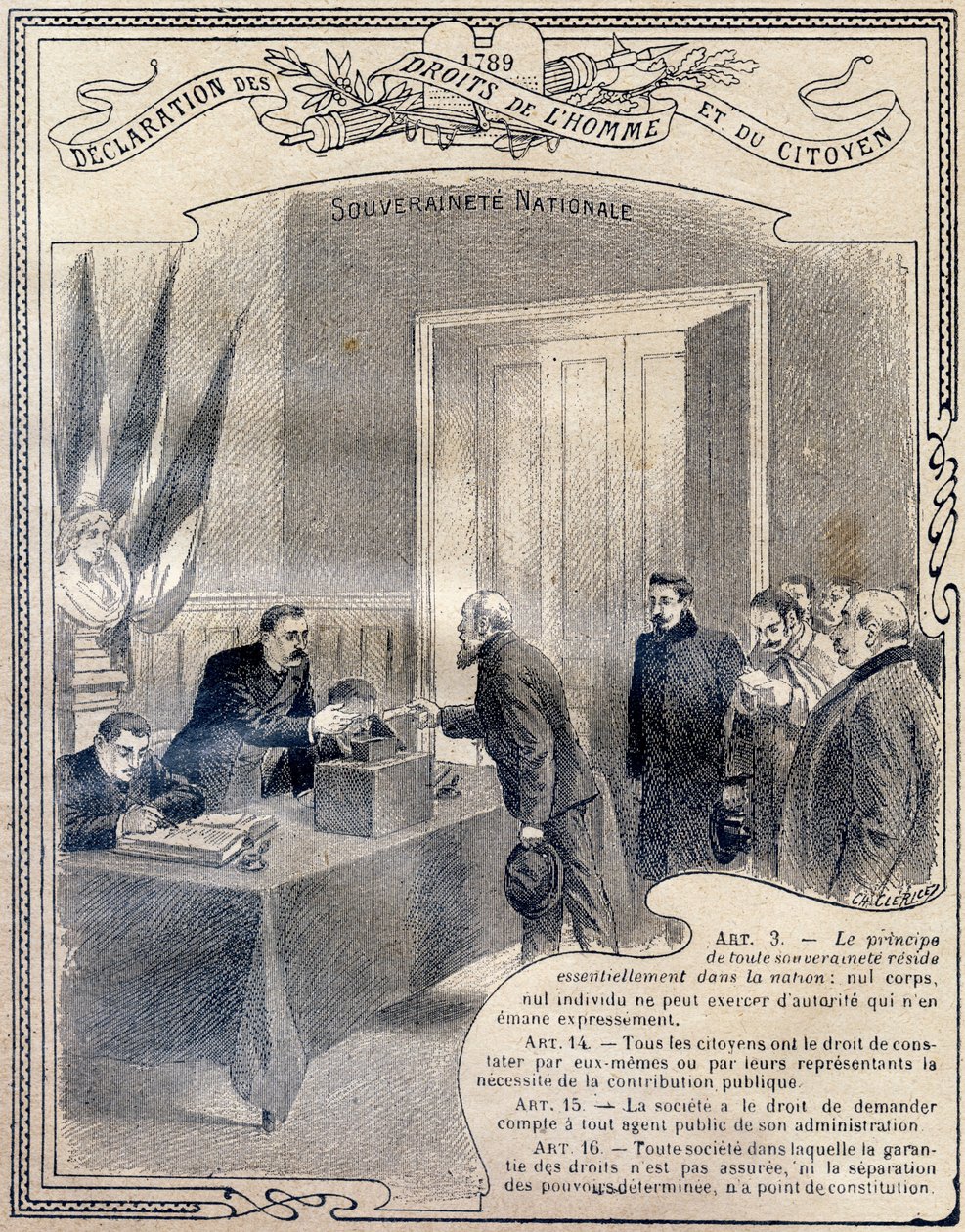 1789: İnsan ve Yurttaş Hakları Bildirgesi: Ulusal Egemenlik. İlköğretimin üç dersi ile lise ve kolejlerin ilköğretim sınıflarının öğrencilerine yönelik "Etik ve yurttaşlık eğitiminin eşsiz kitabı"nda gravür, by G. Dascher