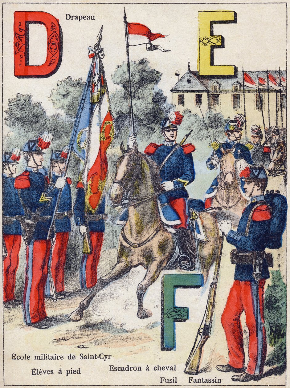 D E F Harfleri: Bayrak, Saint-Cyr Askeri Okulu (Saint Cyr), Eleves yaya, At Filosu, Tüfek ve Fantassin, c.1900 (litografi) by G. Dascher