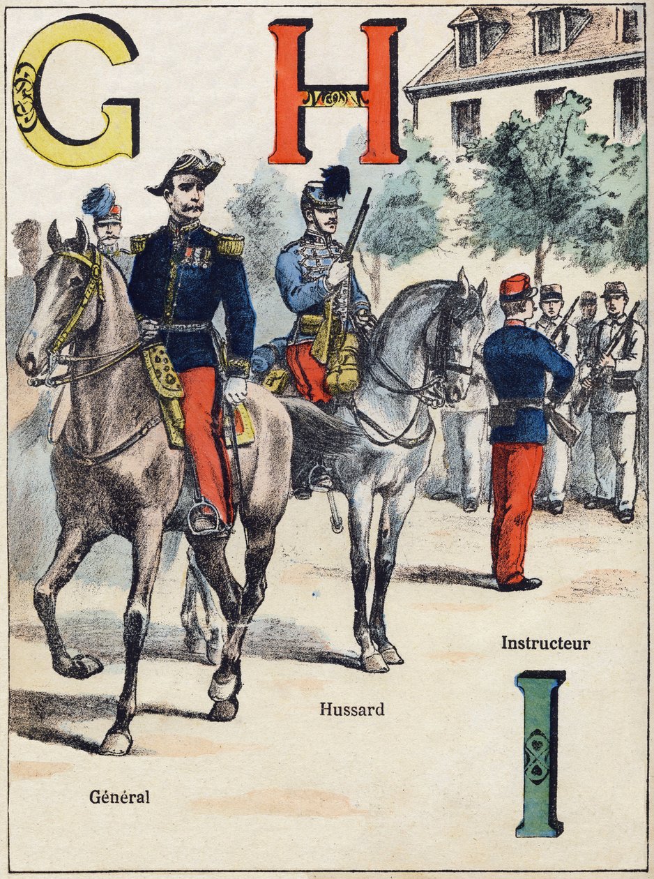 Harfler G H I: General, Hussard ve Eğitmen. "Alphabet militaire" de gravür, Grand-Bebe serisi. Oymak. Pont-a-Mousson görüntüleme. Louis Vagne, Yazıcı-Yayıncı, yaklaşık 1900. Çizimler, G. Dascher. 20 sayfa. Karartma: 31,5x24,5cm by G. Dascher