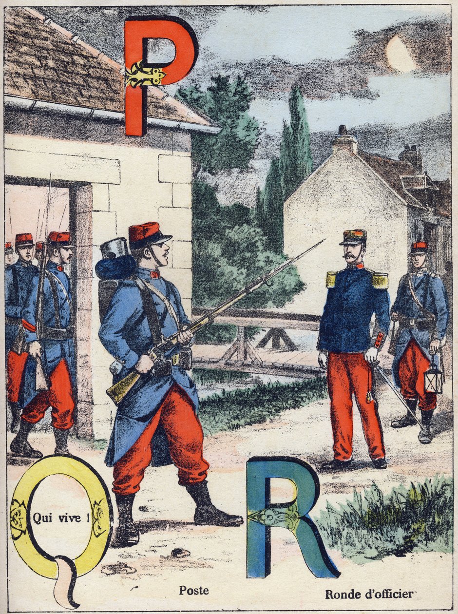 Harfler P Q ve R: Mesaj, Qui vive! ve Memur Turu. "Alphabet militaire"de gravür, Grand-Bebe serisi. Oymak. Pont-a-Mousson görüntüleme. Louis Vagne, Yazıcı-Yayıncı, yaklaşık 1900. Çizimler, G. Dascher. 20 sayfa. Karartma: 31,5x24,5cm by G. Dascher