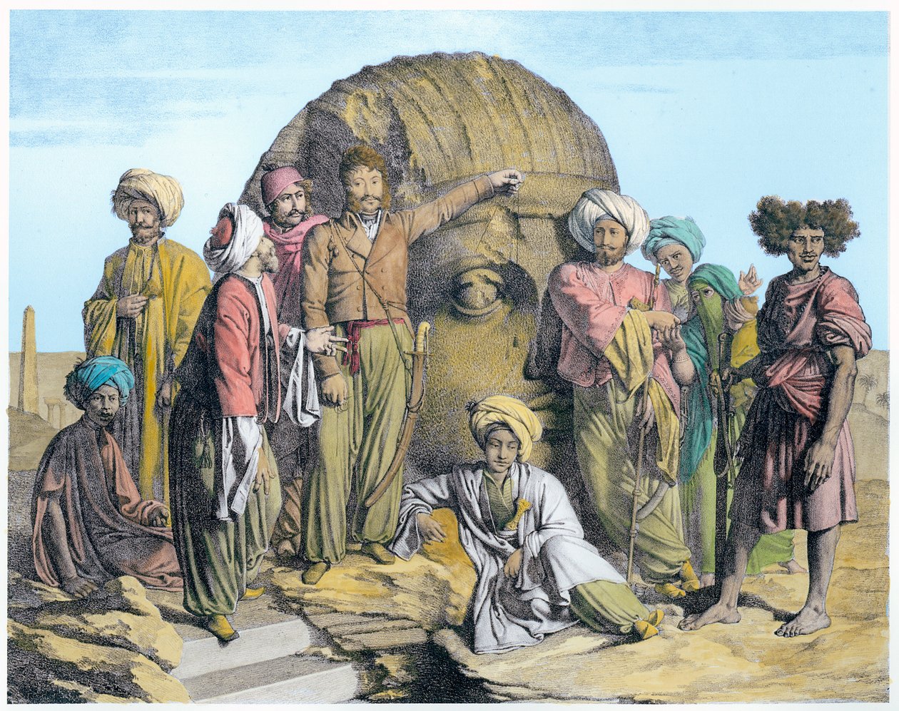 Arkeolog Bernardino Drovetti, Mısır çölünde devasa bir kafayı ölçerken, 1819 by G Engelmann