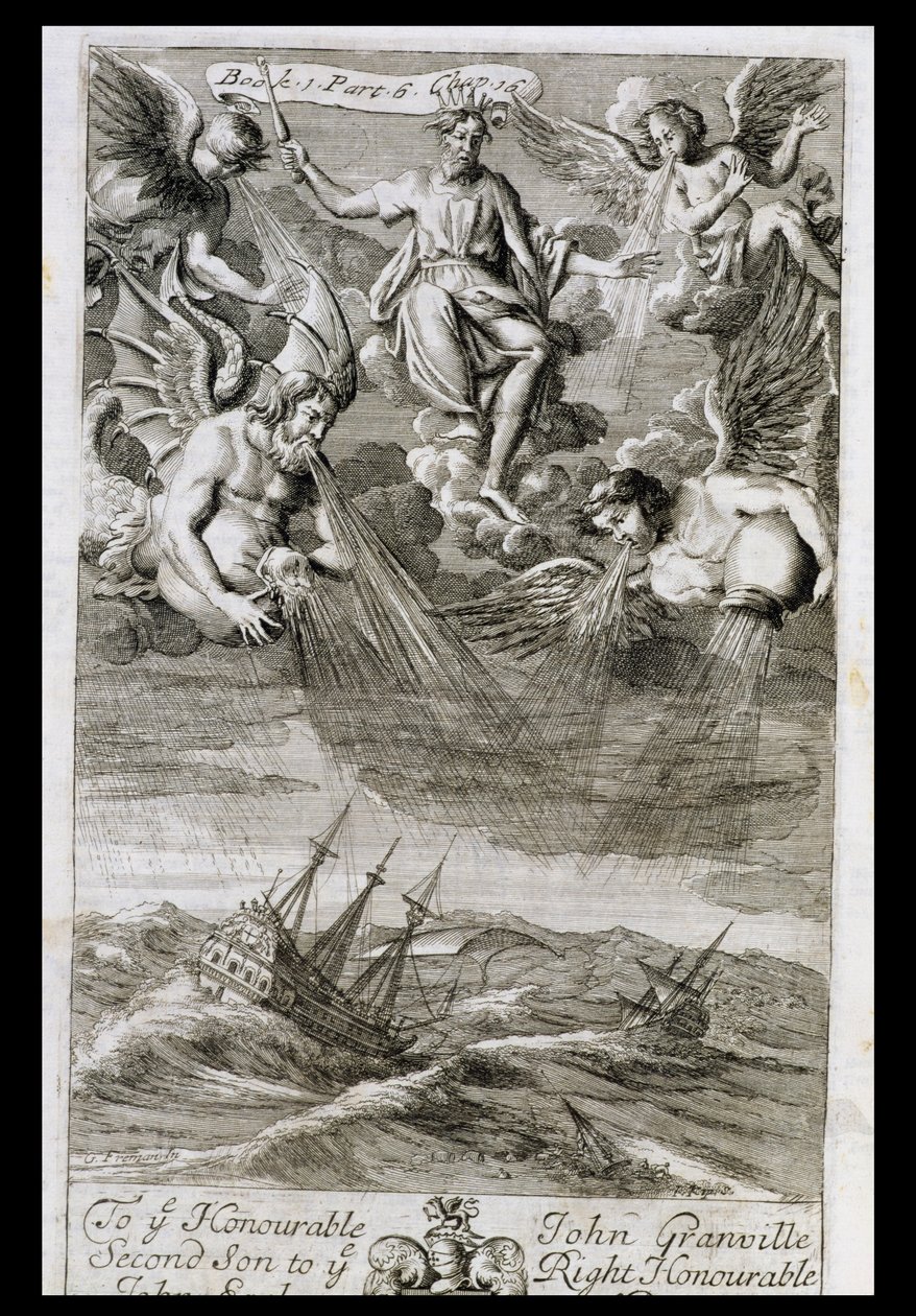 Jüpiter Okyanusa Fırtına Atıyor, Anthony Le Grand tarafından yazılan 'Felsefenin İlkeleri'nin Kitap 1 Kısım 6 Bölüm 16'dan bir örnek, Johannes Kip (16523-1722), 1694 by G Freman