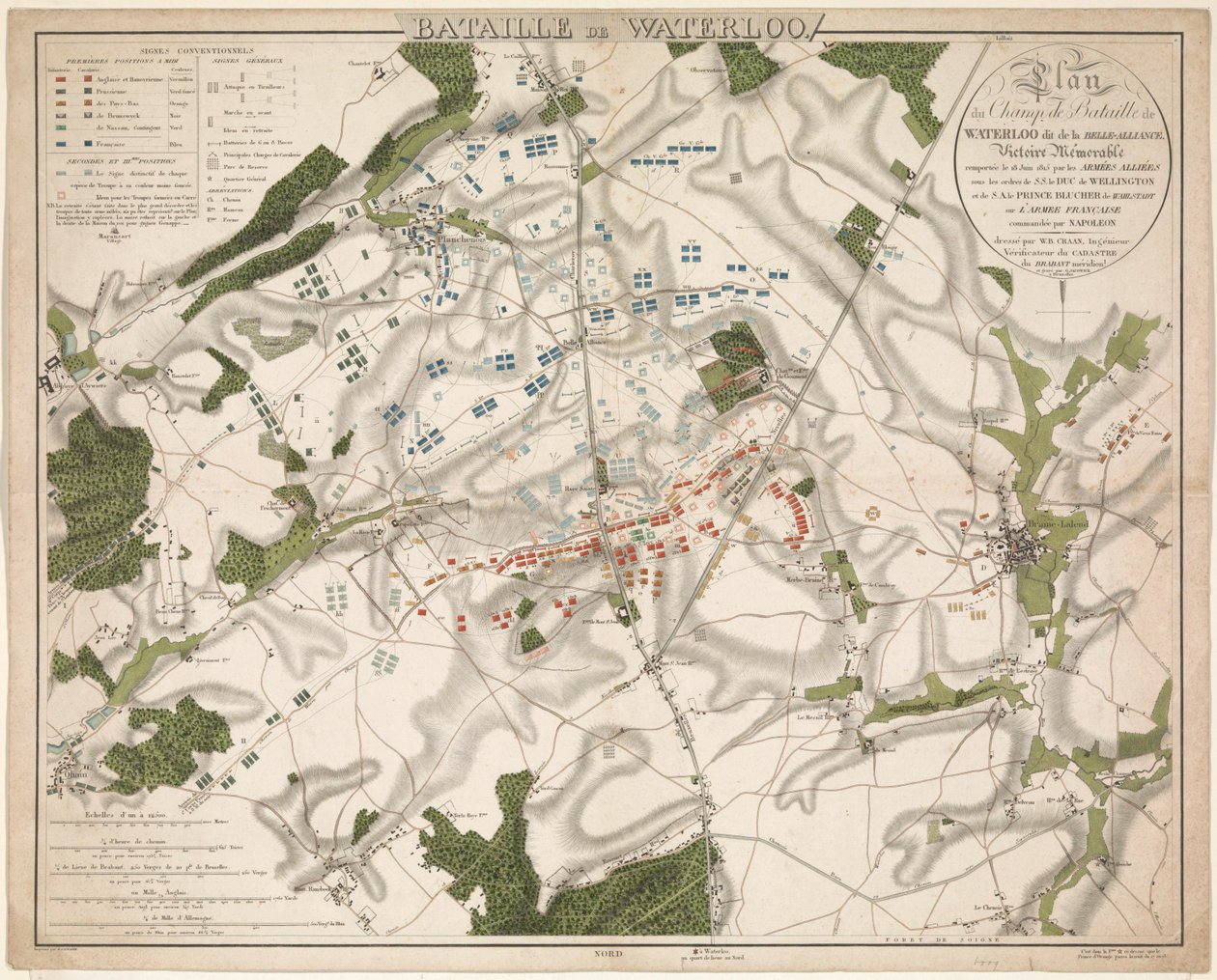 Kaart van de Slag bij Waterloo, 1815 Waterloo Savaşı / Belle-Alliance adlı Waterloo Savaş Alanı Planı. 18 Haziran 1815