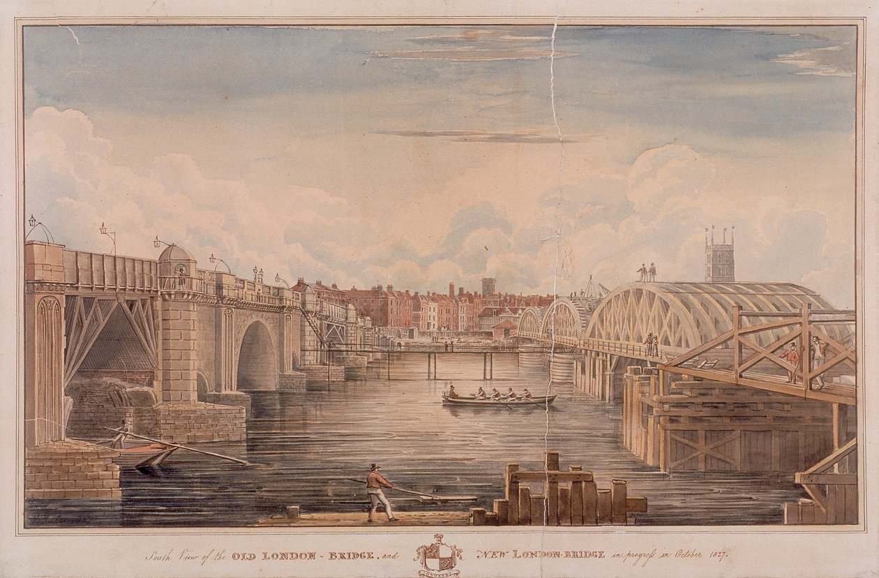 Londra Köprüsü eski ve yeni, Londra, 1827 by G Yates