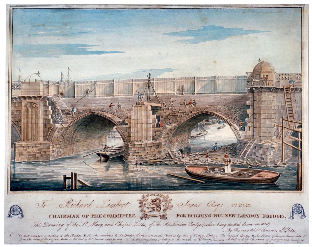 St Mary ve Şapel Kilitleri aşağı çekiliyor, Londra Köprüsü, 1829. by G Yates