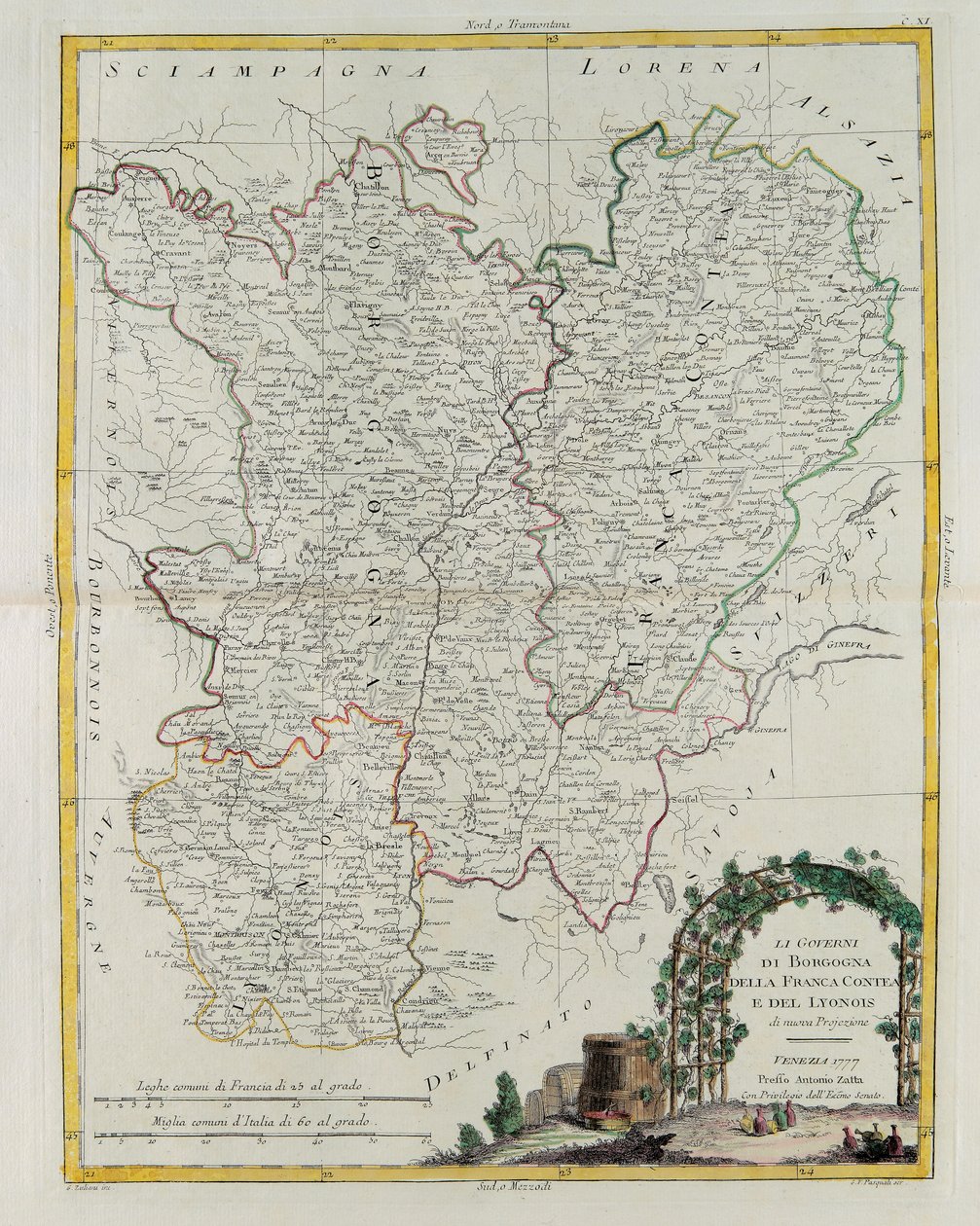 Bourgogne, Franca Contea ve Lyons'un Yönetişimleri, G. Zuliani'nin 1777'de Antonio Zatta tarafından Venedik'te yayınlanan En Yeni Atlas'ın Cilt I'inden alınan gravürü, Özel Koleksiyon by G. Zuliani