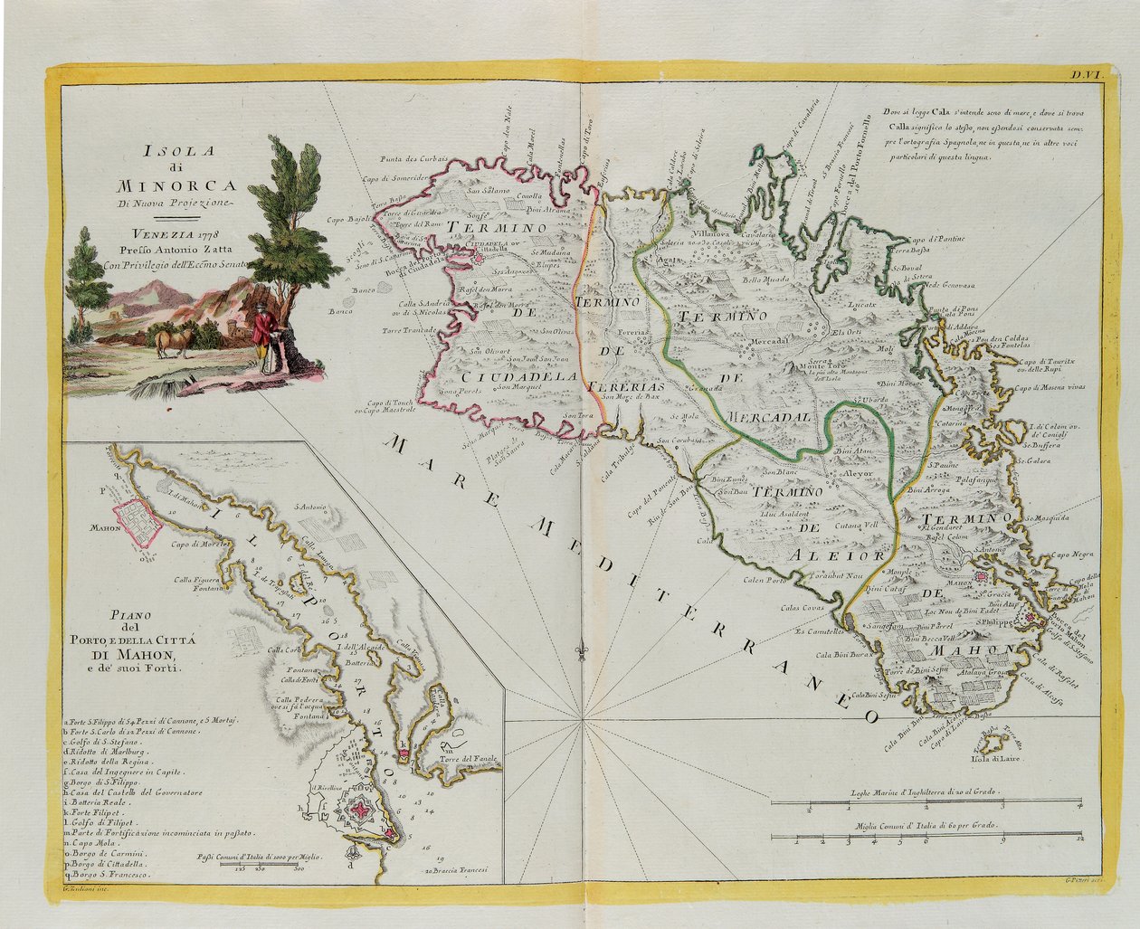 Minorka Adası ve liman planı, Mahon şehri ve kaleleri, G. Zuliani'nin Venedik'te Antonio Zatta tarafından 1778'de yayınlanan "En Yeni Atlas"ın Cilt I'inden alınan gravürü, Özel Koleksiyon by G. Zuliani