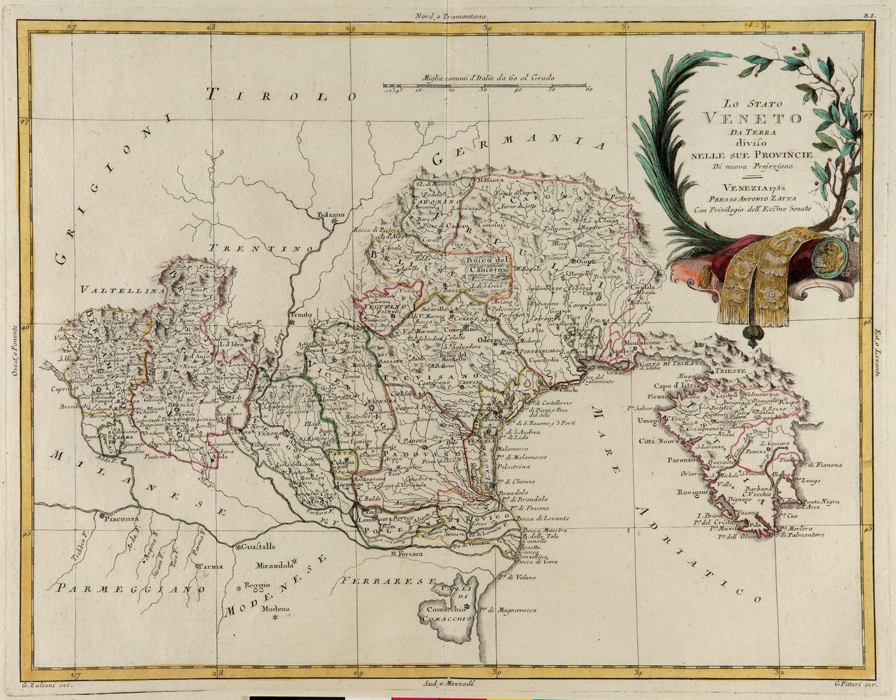 Veneto Eyaleti'nin eyaletlerine bölünmüş arazi alanı, G. Zuliani'nin 1782'de Antonio Zatta tarafından Venedik'te yayınlanan "En Yeni Atlas"ın II. Kitabından alınan gravürü, Özel Koleksiyon by G. Zuliani