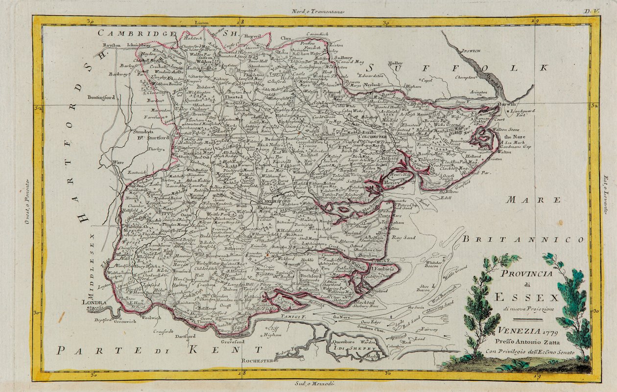 Essex Eyaleti, G. Zuliani tarafından Venedik'te 1779'da Antonio Zatta tarafından yayınlanan "En Yeni Atlas"ın Cilt I'inden alınan gravür, Özel Koleksiyon by G. Zuliani