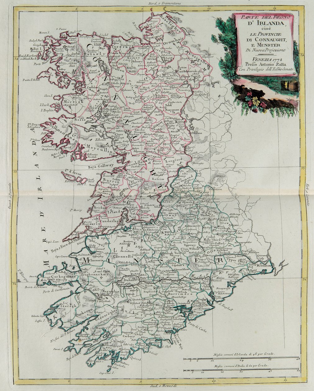 Munster ve Connaught eyaletlerinin G. Zuliani tarafından gravürü yapılan İrlanda Krallığı, Antonio Zatta tarafından 1778'de Venedik'te yayınlanan Atlas Novissimo'nun I. Cildindendir, Özel Koleksiyon by G. Zuliani