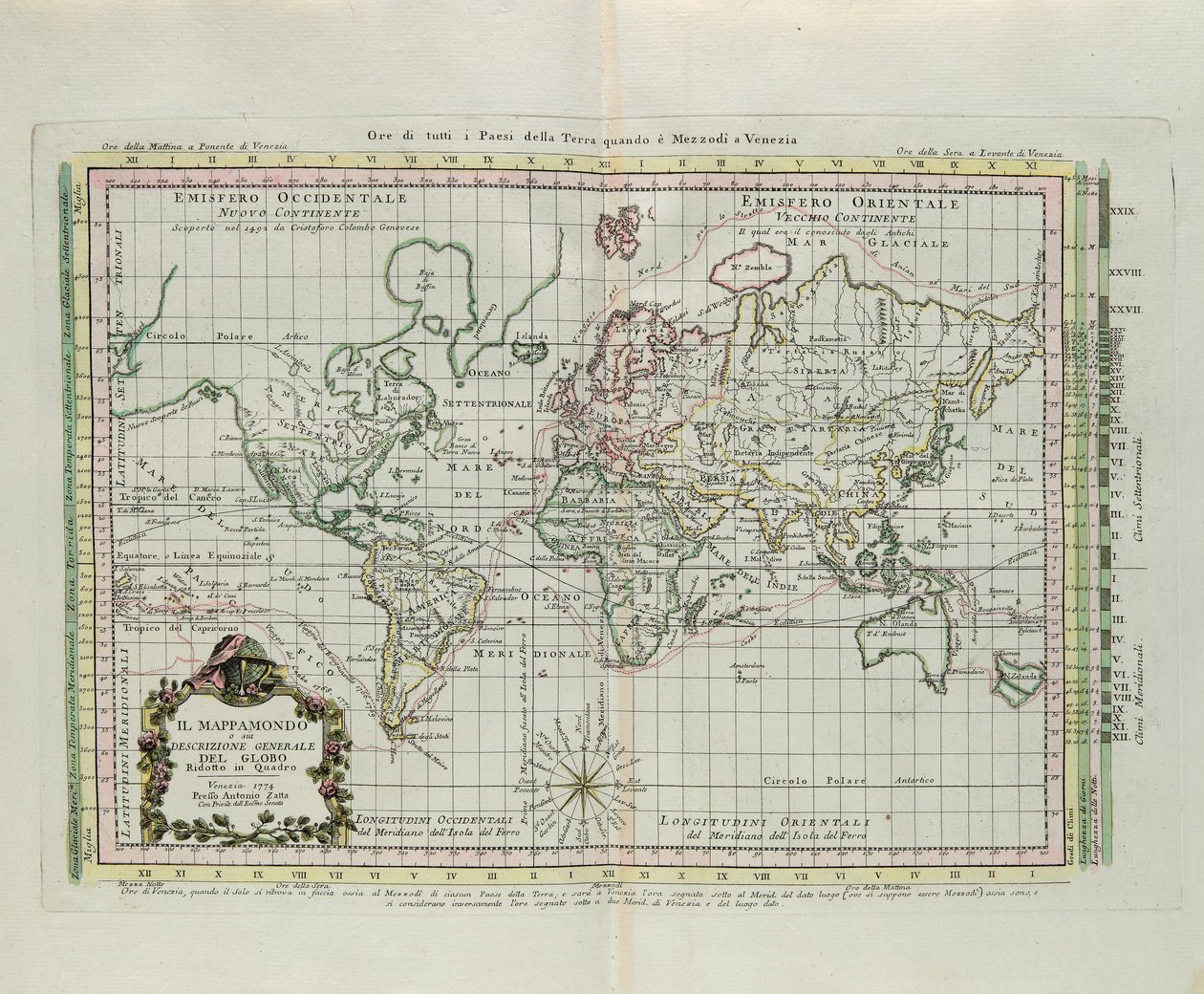 G. Zuliani'nin 1774'te Antonio Zatta tarafından Venedik'te yayınlanan "En Yeni Atlas"ın Cilt I'inden alınan gravür, Dünya Haritası ve bir resme indirgenmiş yerkürenin genel bir tanımı by G. Zuliani