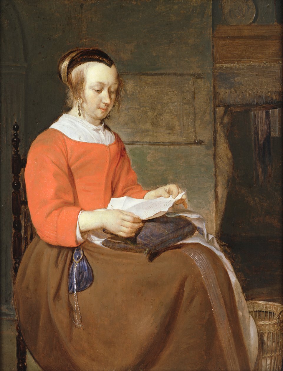 Bir iç mekanda oturan genç bir kadın, bir mektup okuyor. by Gabriel Metsu