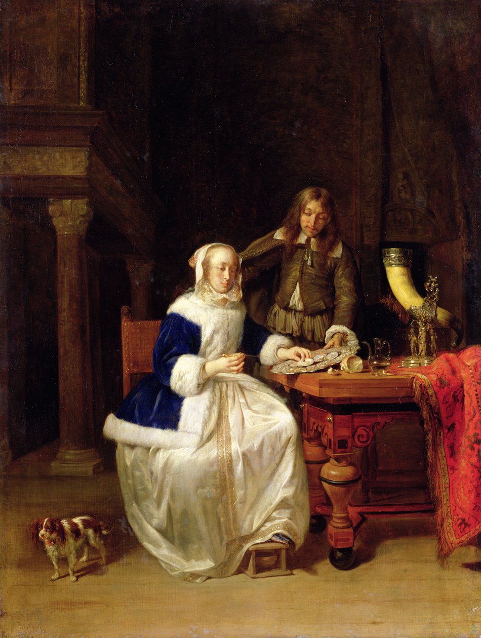 Kahvaltı, yaklaşık 1600 (ahşap üzerine yağ) by Gabriel Metsu