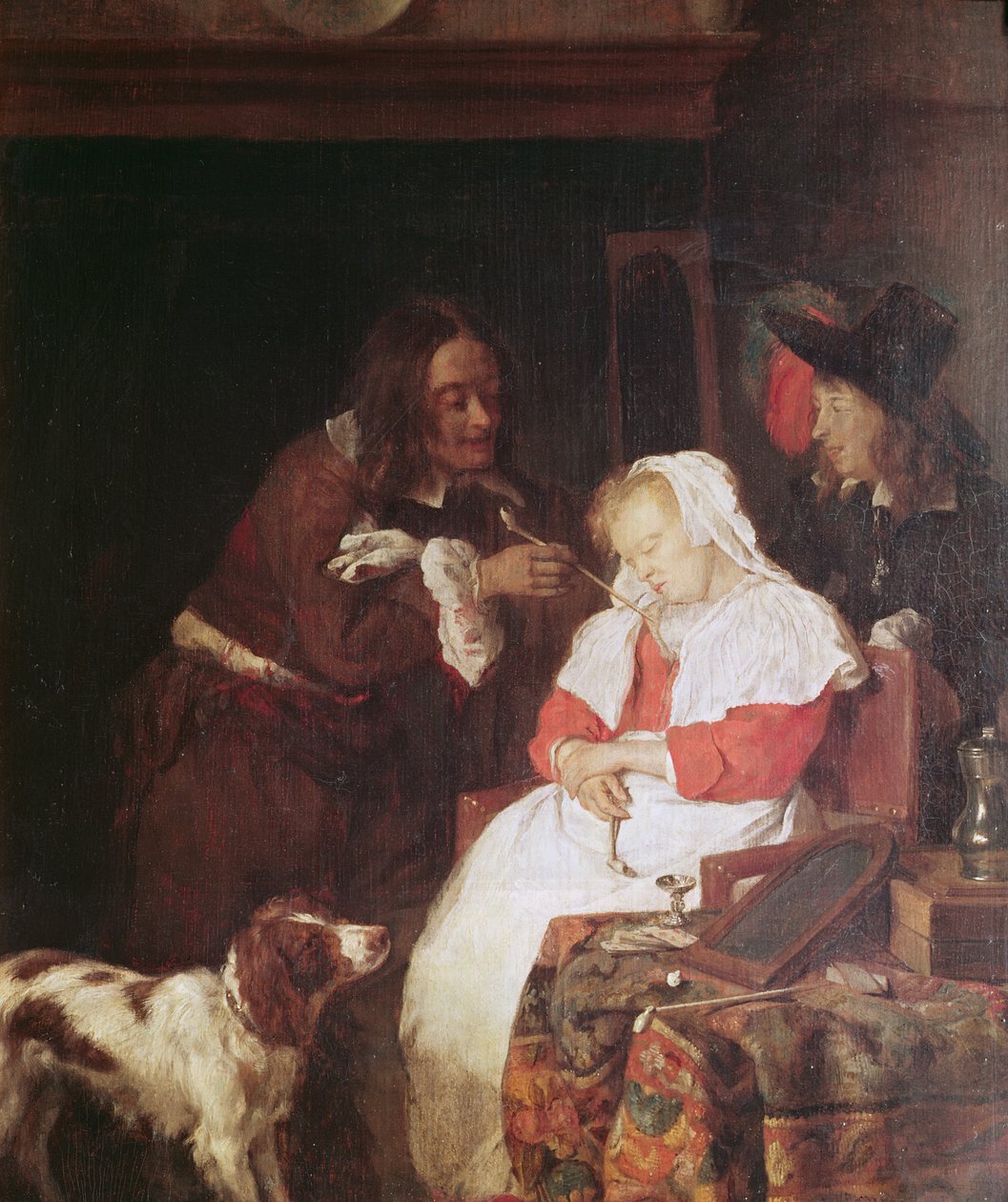 Uyuyan Kadınla İki Adam, c.1655-60 (meşe panel üzerine yağlı boya) by Gabriel Metsu