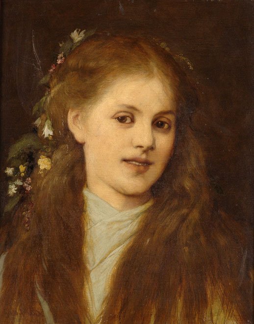 Çiçeklerle süslenmiş saçlı kız by Gabriel von Max
