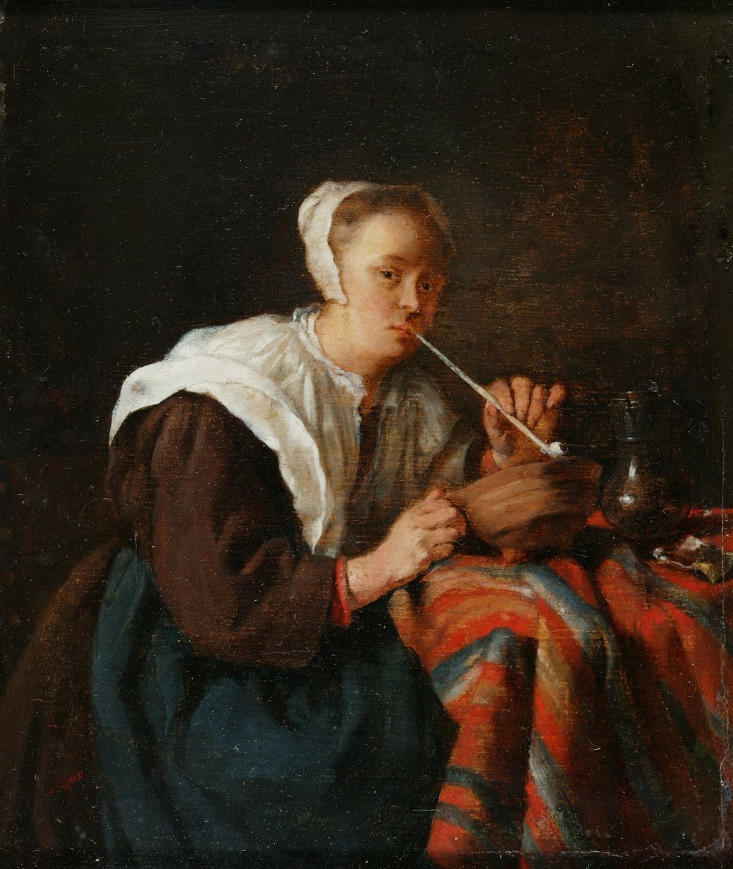 Pipo içen bir kadın oturuyor (panelde yağ var) by Gabriel (after) Metsu