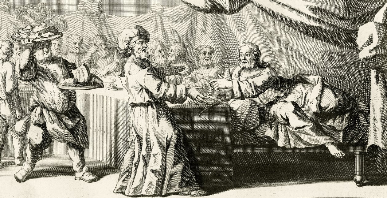 İsa, Ferisi ile akşam yemeğine davet edildi, Aziz Luka İncili'nden bir örnek, bölüm 11:37, 1728 by Gabriel Francois Louis Debrie