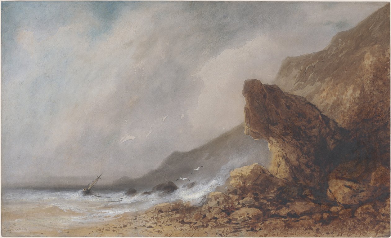 Fırtınada Kayalık Bir Sahil by Gabriel Hippolyte Lebas