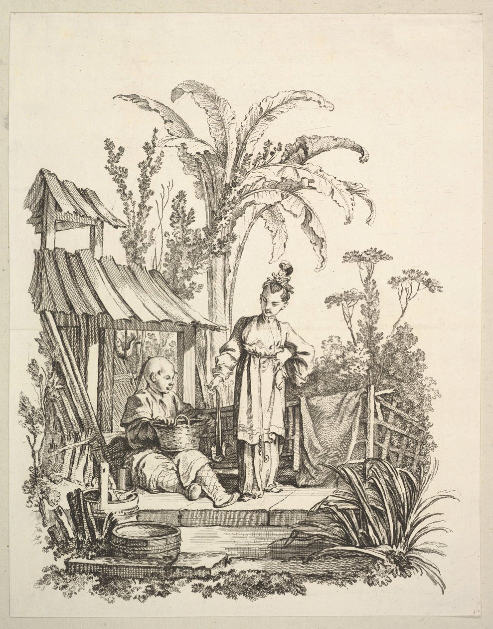 Oturan Çinli Bir Adam ve Balık Taşıyan Bir Kadın, ca. 1742. by Gabriel Huquier