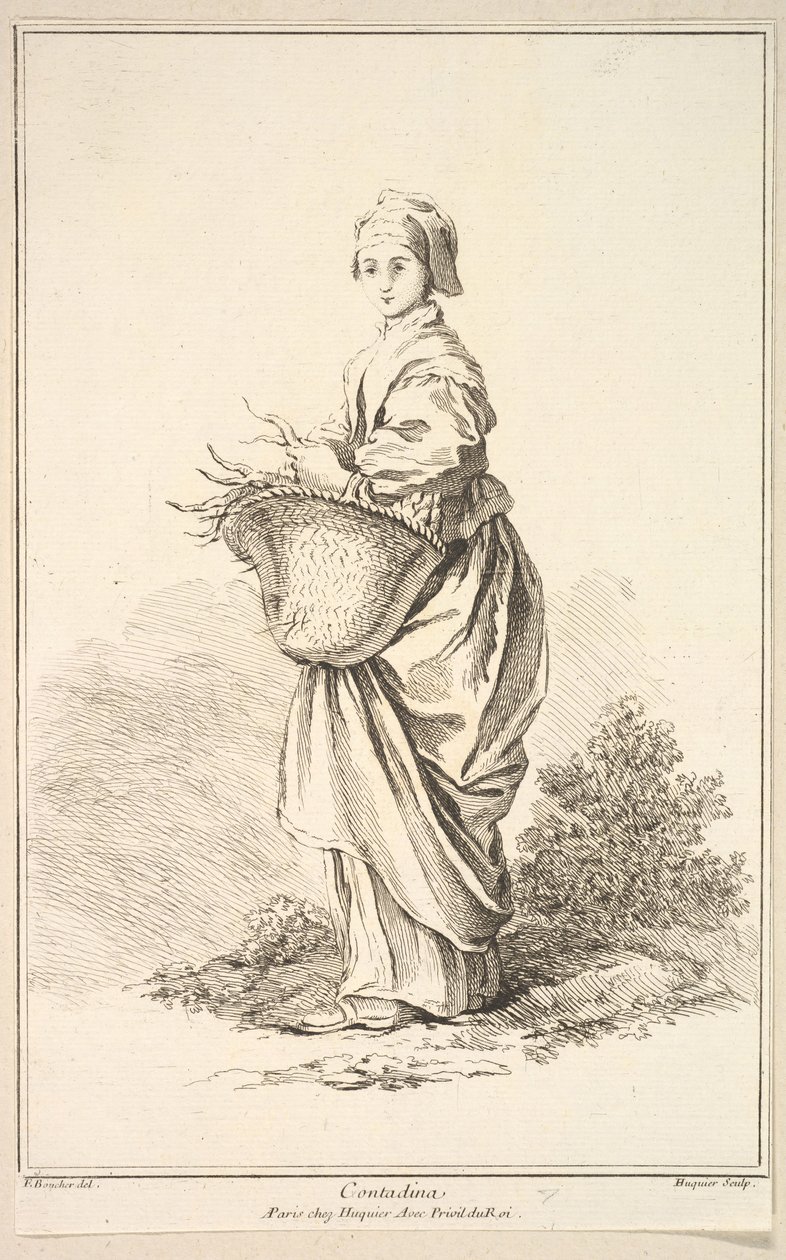 Contadina, F. Boucher P.. tarafından icat edilen çeşitli yabancı figürlerin koleksiyonundan, 18. yüzyıl. by Gabriel Huquier
