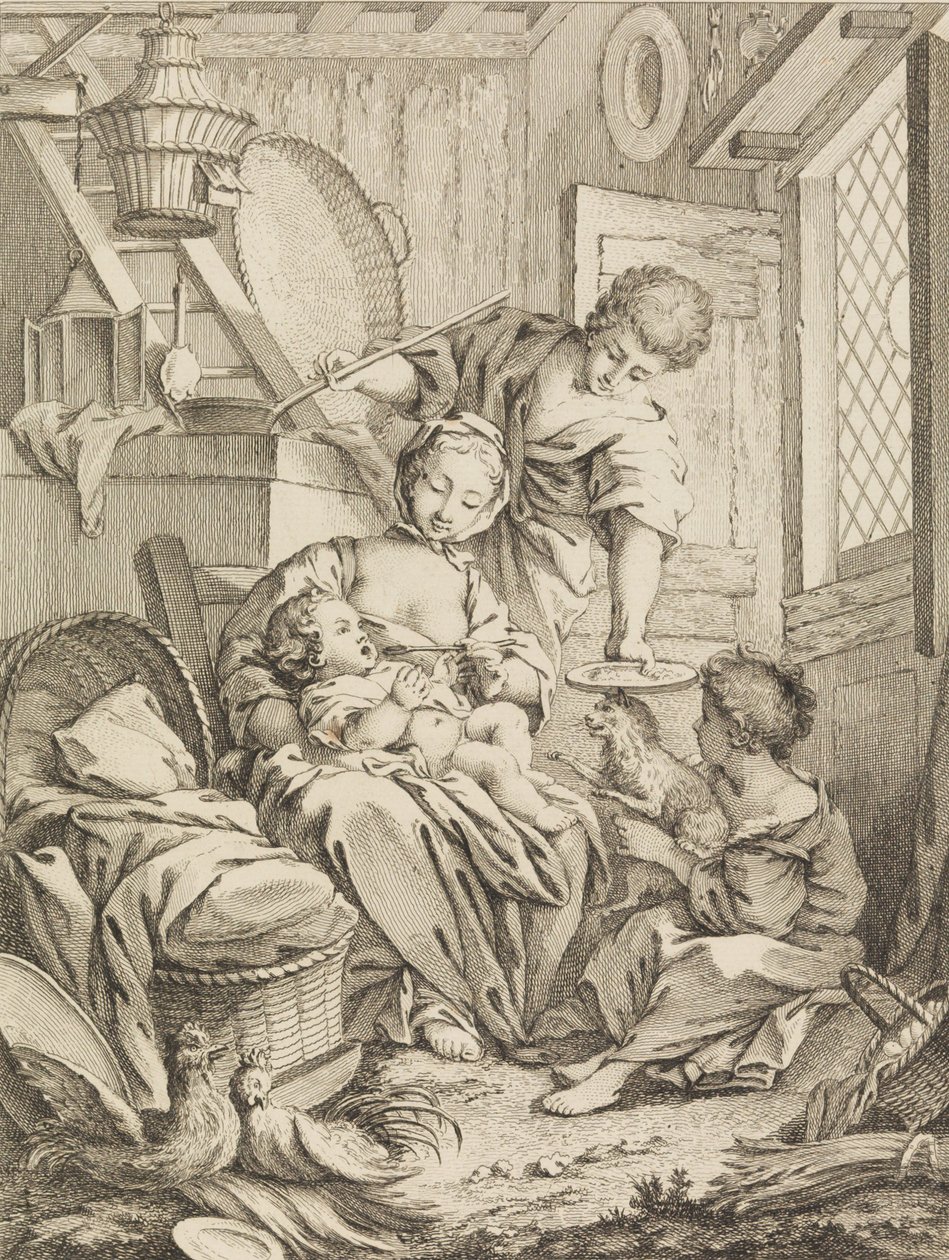 Levha 1: Bebeğini Besleyen Genç Kadın, Premier Livre de Subjects et Pastorales Fi..., 1720-72. by Gabriel Huquier