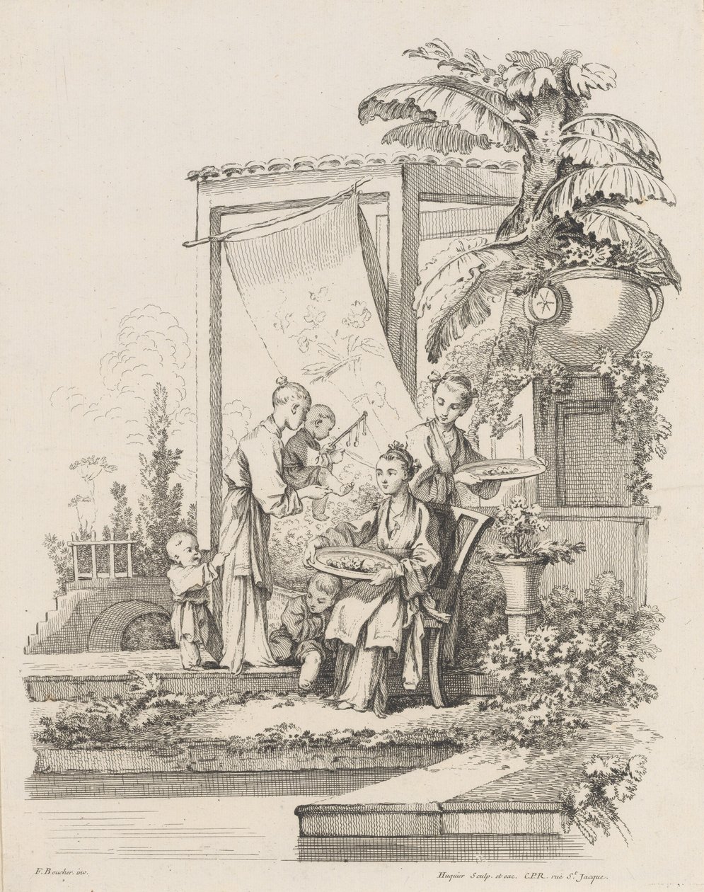 Çocukları ve Hizmetçileri Oturan Kadın, ca. 1738-45. by Gabriel Huquier