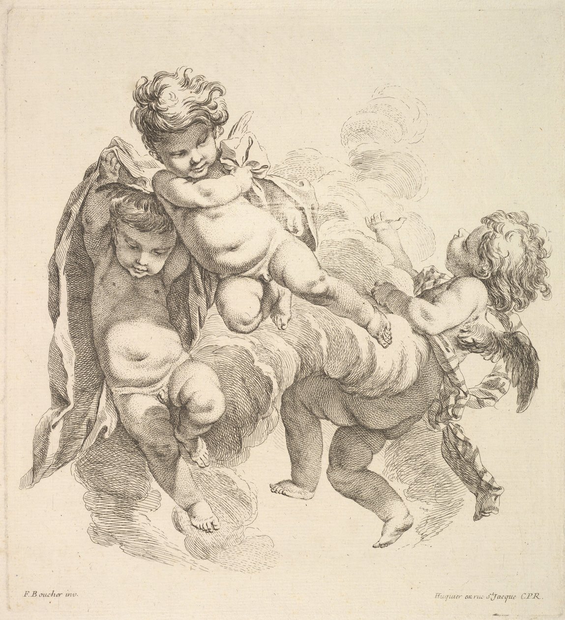 Perde Taşıyan Bulutlar Arasında Üç Çocuk, 1738-45. by Gabriel Huquier