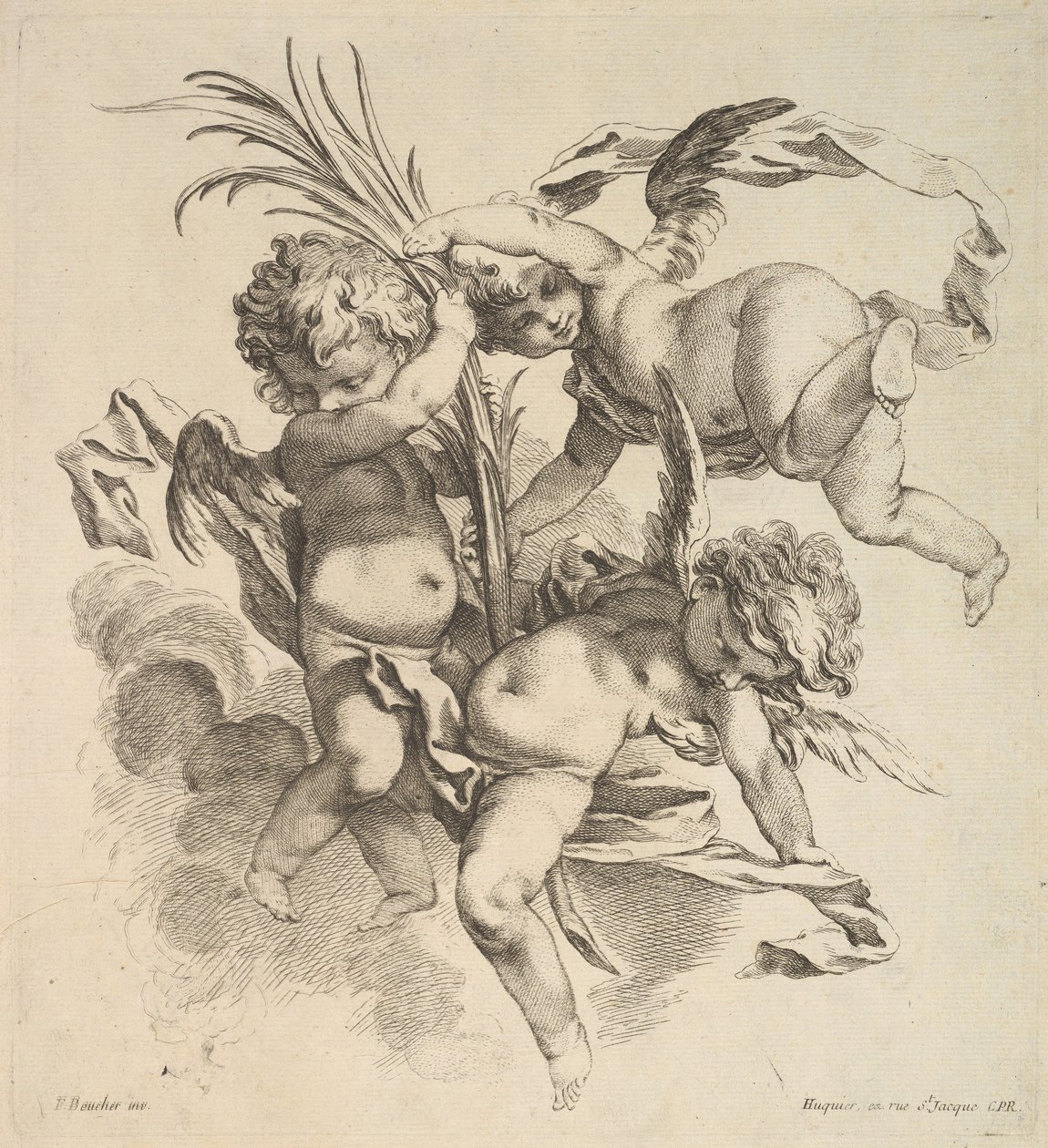 Palmiye Yaprağının Yanında Bulutların Arasında Üç Çocuk, 1738-45. by Gabriel Huquier