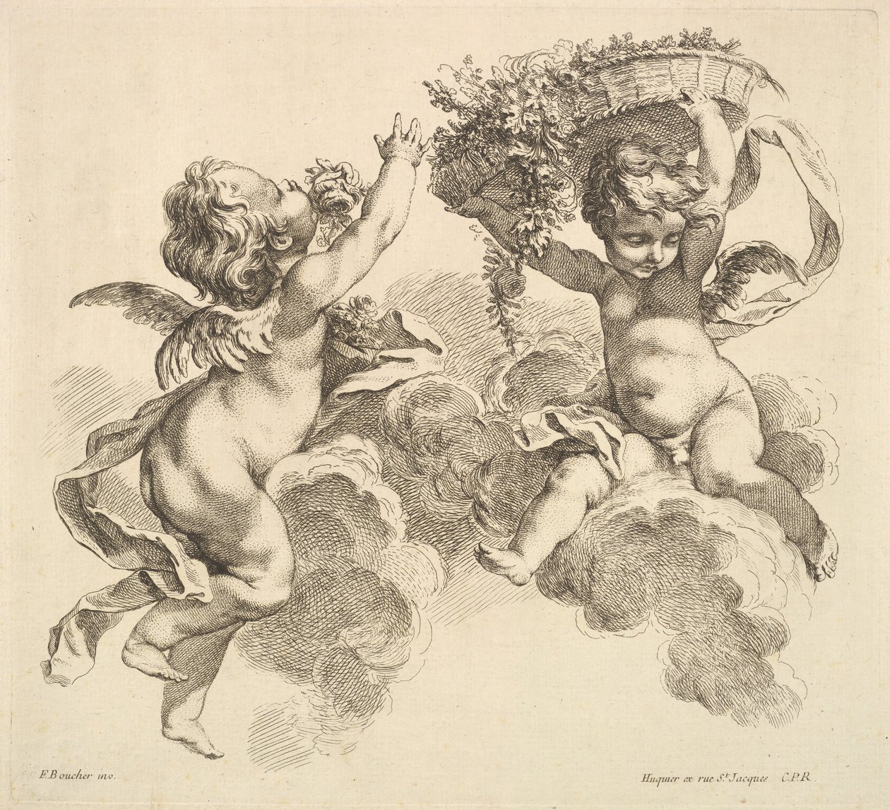 İki Çocuk, Biri Çiçekli Sepet Tutuyor, 1738-45. by Gabriel Huquier