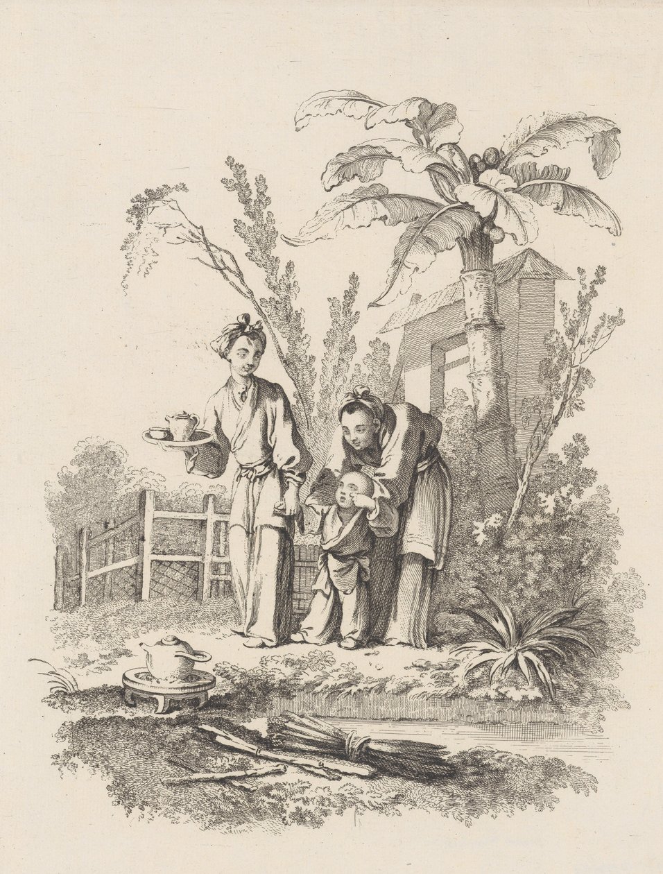 Bir Göle Yakın Bir Masada Bir Çocuğu Çaydanlığa Yönlendiren İki Kadın, yaklaşık. 1742. by Gabriel Huquier