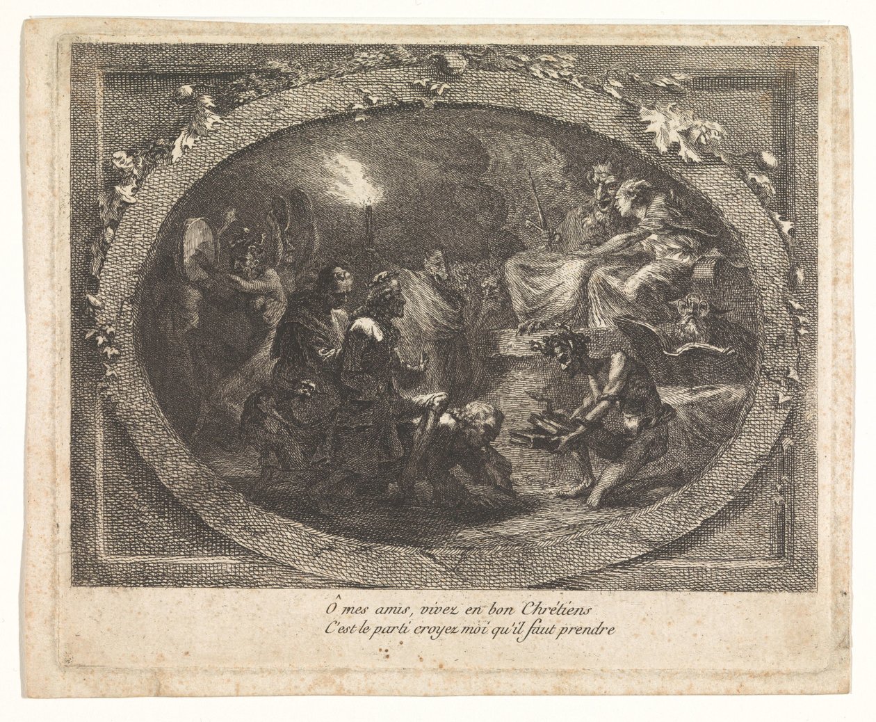 Voltaire cehenneme geldi by Gabriel Jacques de Saint Aubin (school of)