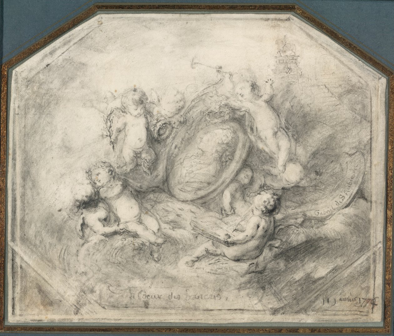 Şöhret ve Tarih Niteliklerini Taşıyan Putti ile Çevrili Kral Louis XV Portre Madalyonu by Gabriel Jacques de Saint Aubin