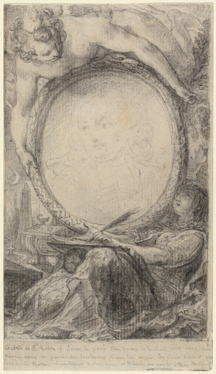 Bir Dahi ve Peçeli Kadın Yazılı Alegorik Çerçeve by Gabriel Jacques de Saint Aubin