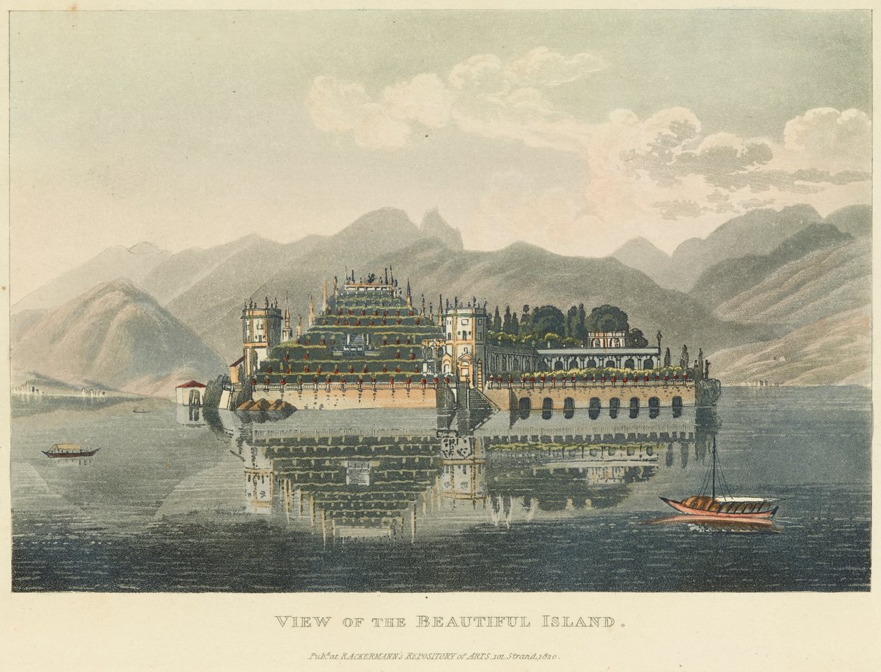 Güzel Ada'nın görünümü (Isola Bella, Lago Maggiore), 1820'den önce (dokuma kağıt üzerine gravür ve aquatint üzerine sulu boya) by Gabriel L. and Lory Mathias G.  Lory