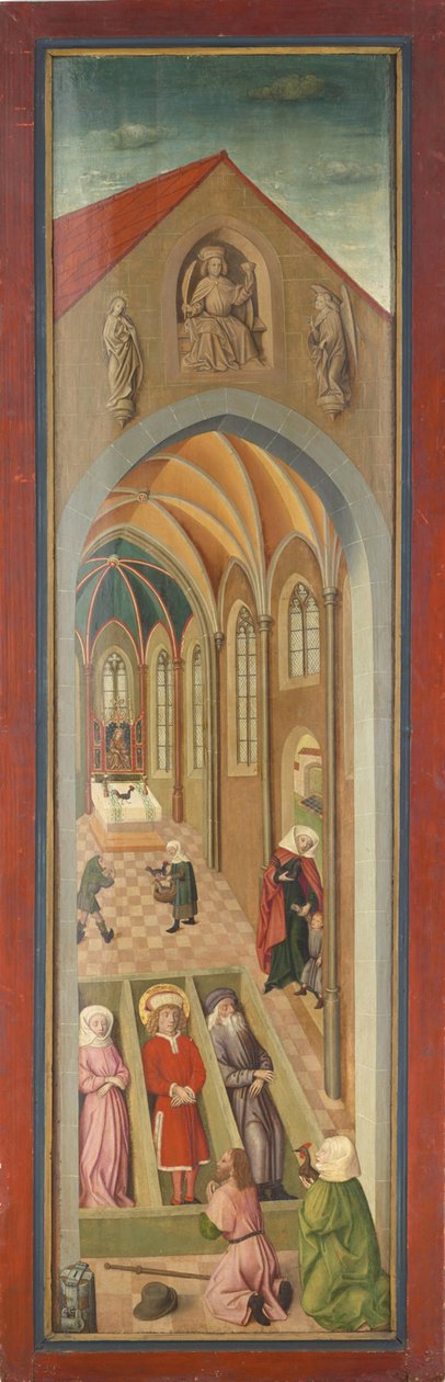 Tegernsee manastır kilisesinden Aziz Vitus sunağı paneli, Aziz Vitus, Modestus ve Kreszentia, tabutlarında birkaç hacı tarafından ibadet edildi by Gabriel Maeleßkircher