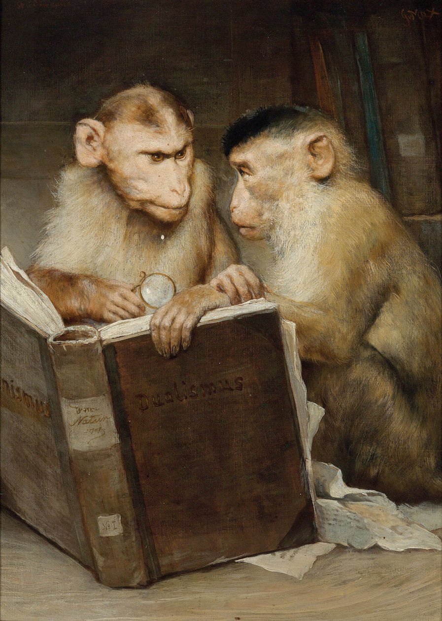"Les savants" (Bilim adamları) Açık bir kitap tutan iki maymun - Resim Gabriel Cornelius Ritter von Max (1840-1915) Özel koleksiyon by Gabriel Max