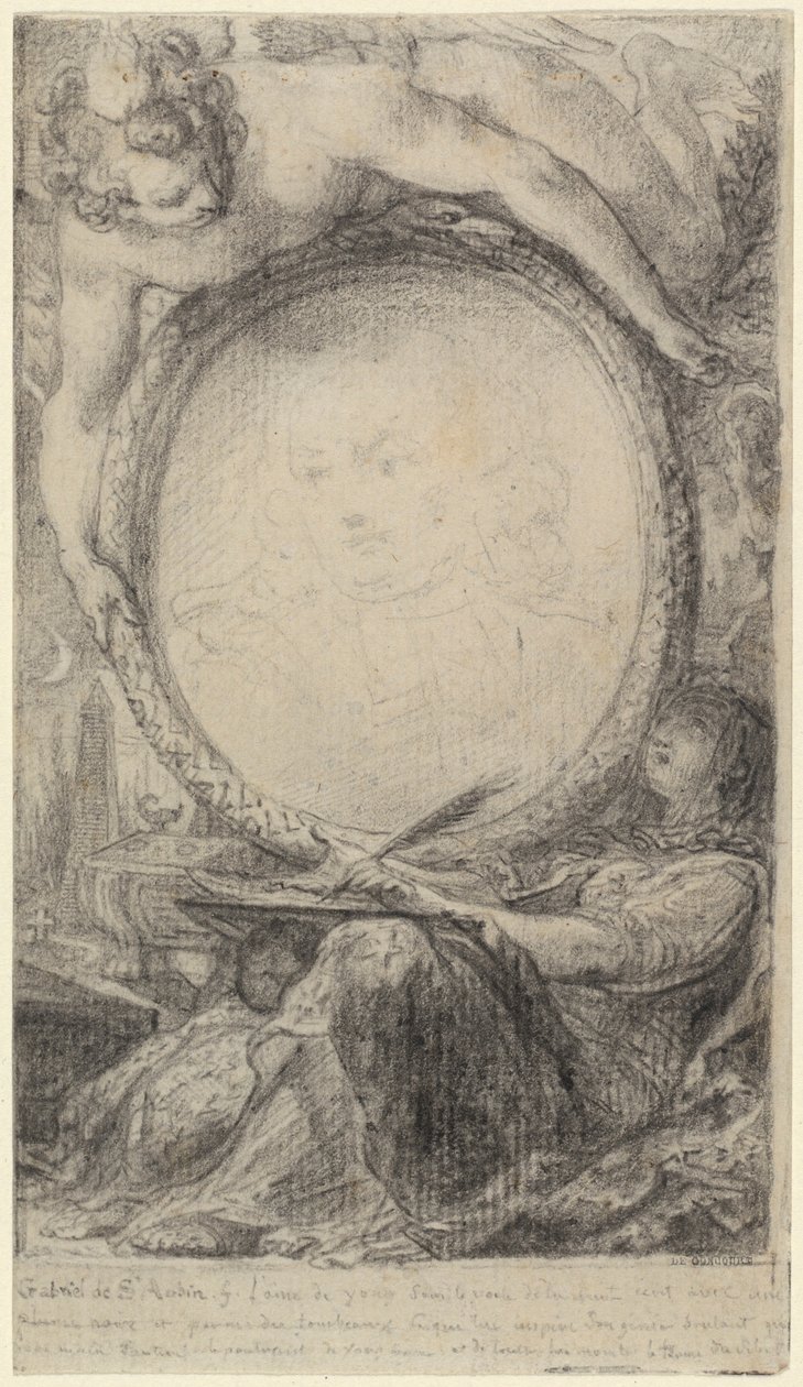 Bir Dahi ve Yazı Yazan Peçeli Kadın ile Alegorik Çerçeve, c.1769 (kağıt üzerine siyah tebeşir) by Gabriel de Saint-Aubin
