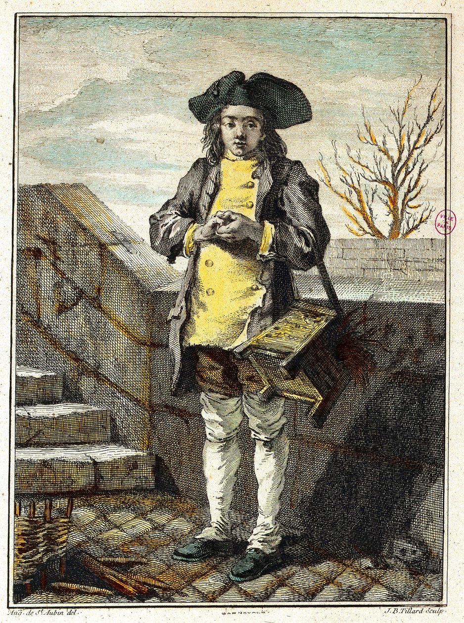Eski metiers: ayakkabı parlatıcı veya ayakkabı parlatıcı. Gabriel de Saint Aubin (1724-1780) tarafından gravür 18. yüzyıl Paris musee Carnavalet by Gabriel de Saint Aubin