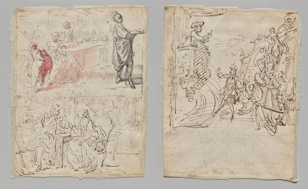 Tiyatro Sahnesi (rekto); İç Giyim Butiği ve Sohbet (verso) by Gabriel de Saint Aubin