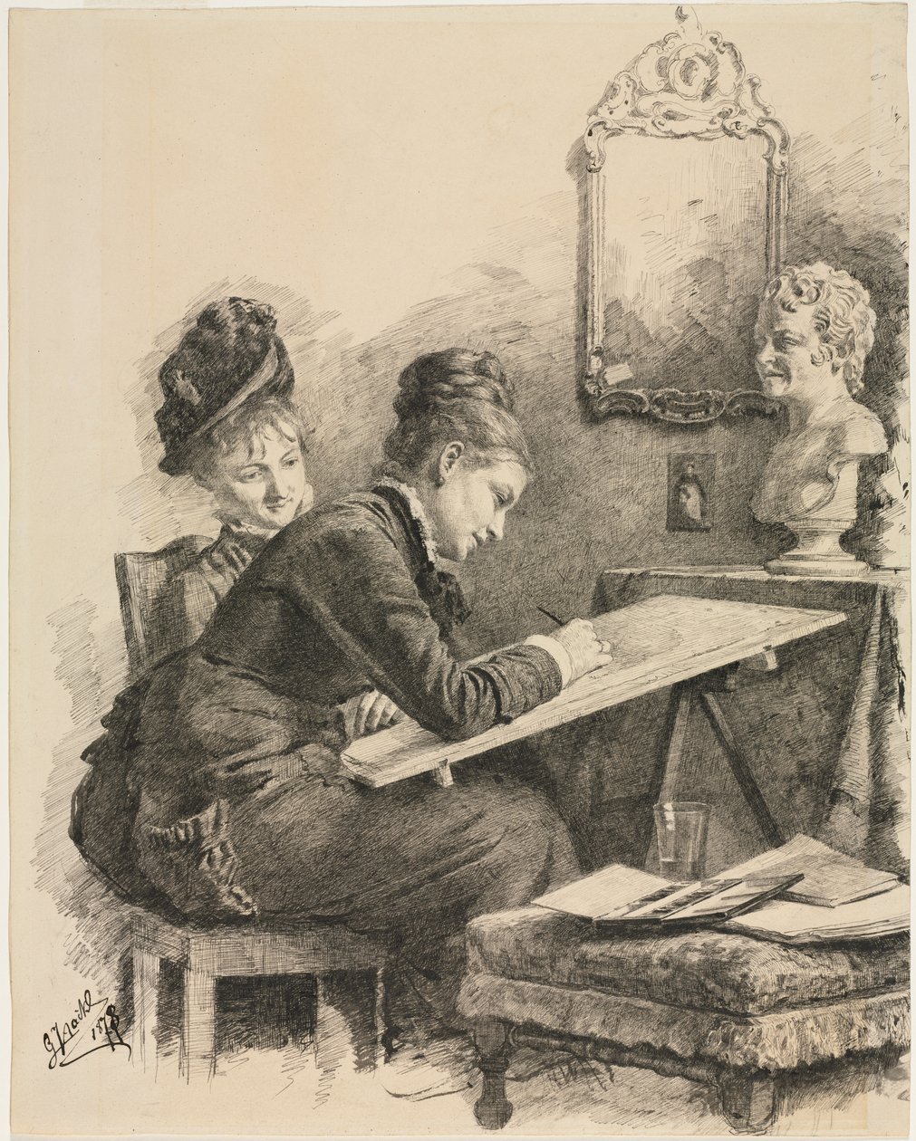 Bir Heykel Çizen İki Kadın, 1878. by Gabriel von Hackl