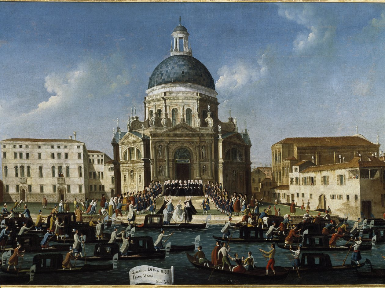 Santa Maria della Salute'de asil bir hanımın düğünü (Santa Maria della Salute'de Venedik'te asil bir hanımın evliliği) - Tablo Gabriele Bella (yaklaşık 1730-1799), 94x148 cm. Venedik, Querini Stampalia Vakfı by Gabriele Bella