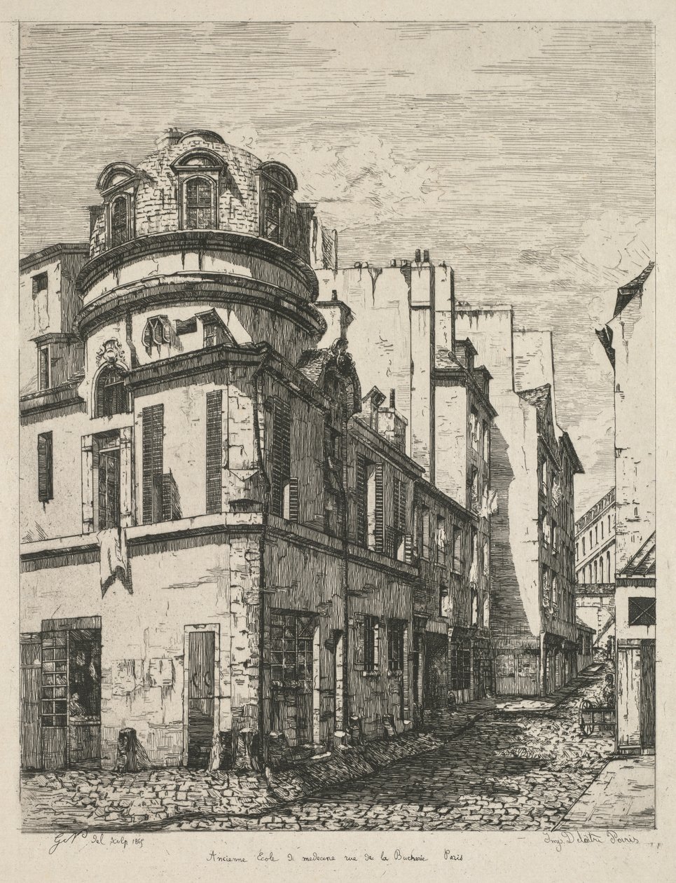 Eski Paris Üzerine Gravürler: Eski tıp okulu rue de la Bûcherie..., 1865. by Gabrielle Marie Niel