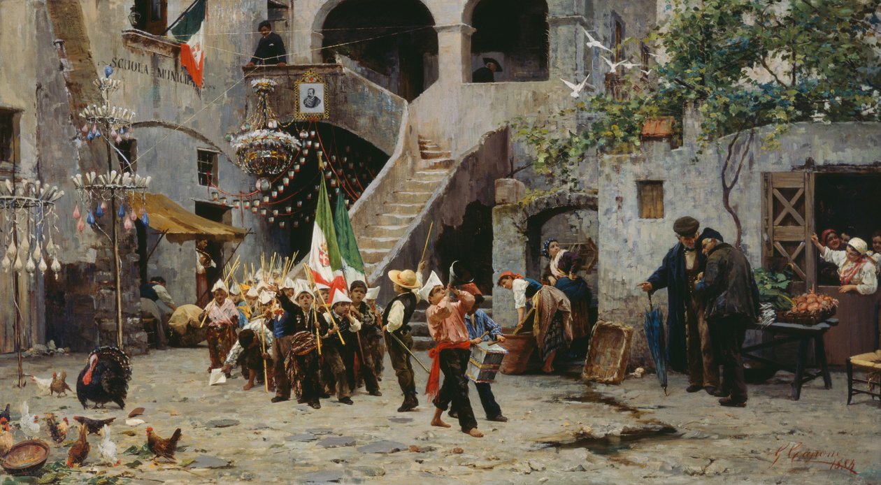 Yaşasın kral, İtalyan bayrağı taşıyan çocuklar alayı by Gaetano Capone